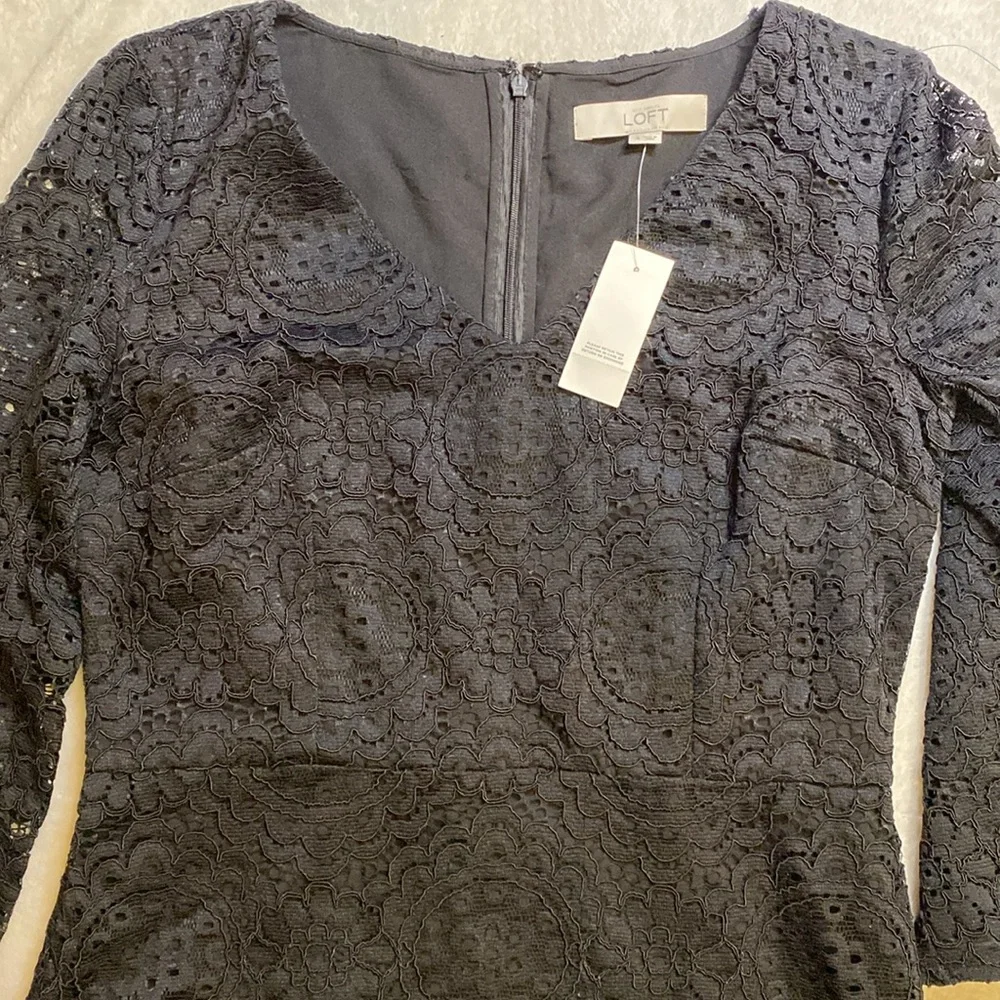 NWT LOFT black lace v-neck 3/4 sheer sleeve dress Sz 4 - Picture 11 of 12
